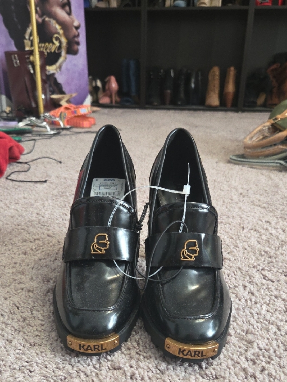 Karl Lagerfeld Black Patent Loafers with Gold Accents - Picture 5 of 10